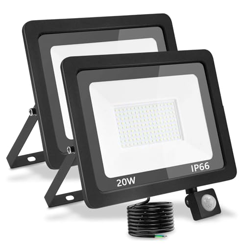 treoir LED-Außenstrahler mit Bewegungsmelder, 20 W, 2000 lm, LED-Strahler, Kaltweiß, 6000 K, IP66, wasserdicht, LED-Spot für Garten, Garage, Hof (kaltweiß, 2 Stück, 20 W) von treoir
