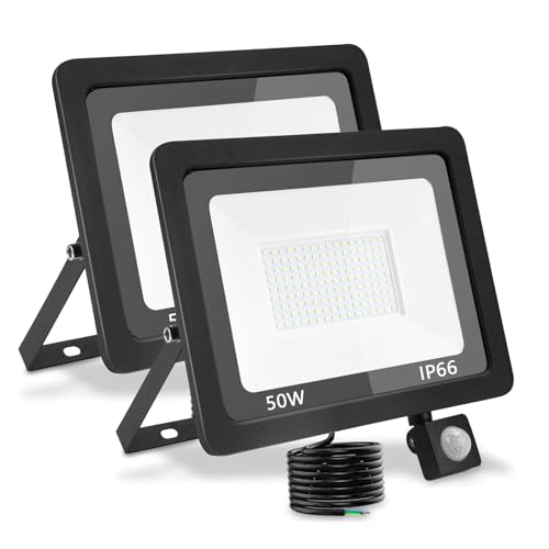 treoir LED Strahler mit Bewegungsmelder Außen 50W, Superhell 5000LM Led Außenstrahler 3500K LED Fluter Flutlicht, IP66 Wasserdicht LED Scheinwerfer für Garten,Garage,Hof(Warmweiß-2pcs,50W) von treoir
