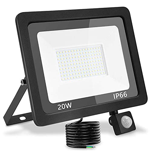 treoir LED-Außenstrahler mit Bewegungsmelder, 20 W, 2000 lm, LED-Strahler, Warmweiß, 3500 K, IP66, wasserdicht, LED-Spot für Garten, Garage, Hof von treoir