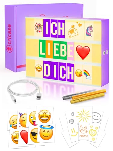 Lightbox Glitter A4 mit 312 Buchstaben & Emoji & 3 Marker - Leuchtschild Buchstaben Tafel Geschenke für Mädchen & Frauen Weihnachten & Geburtstage - Lichtbox Rosa Decoration - Led Light Deko Lichter von tricase