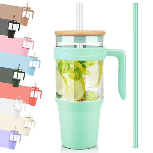 Tronco Glasbecher mit Strohhalm und Deckel, wiederverwendbarer Glasbecher mit Griff, Eiskaffeetasse mit Bambusdeckel, Glaswasserflaschen passen in Becherhalter, Smoothie-Becher, 1,2 l Tronco Glasbecher mit Strohhalm und Deckel, wiederverwendbarer Glasbecher mit Griff, Eiskaffeetasse mit Bambusdeckel, Glaswasserflaschen passen in Becherhalter, Smoothie-Becher, 1,2 l von tronco