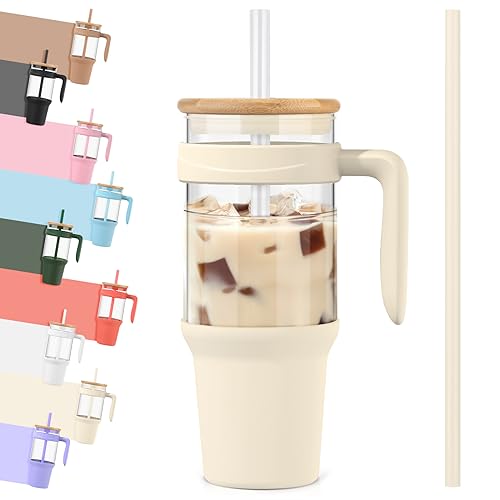 tronco Glasbecher mit Strohhalm und Deckel, wiederverwendbarer Glasbecher mit Griff, Eiskaffeetasse mit Bambusdeckel, Glaswasserflaschen passen in Becherhalter, kohlenstofffrei, bleifrei, BPA-frei tronco Glasbecher mit Strohhalm und Deckel, wiederverwendbarer Glasbecher mit Griff, Eiskaffeetasse mit Bambusdeckel, Glaswasserflaschen passen in Becherhalter, kohlenstofffrei, bleifrei, BPA-frei von tronco