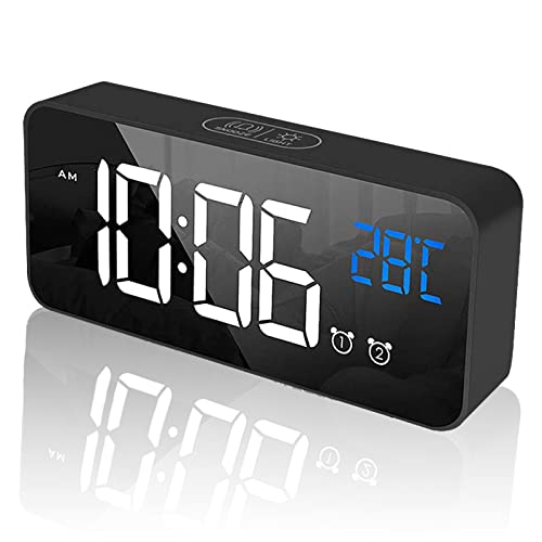 tronisky Digitaler Wecker, LED Digital Wecker Spiegel Tischuhr USB Wiederaufladbar Reisewecker mit 2 Alarmen/Snooze/Temperatur Anzeige/Sprachsteuerung Funktion, 4 Helligkeit, Schwarz von tronisky