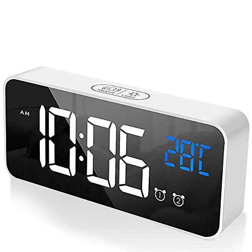 tronisky Digitaler Wecker, LED Digital Wecker Spiegel Tischuhr USB Wiederaufladbar Reisewecker mit 2 Alarmen/Snooze/Temperatur Anzeige/Sprachsteuerung Funktion, 4 Helligkeit, Weiß von tronisky