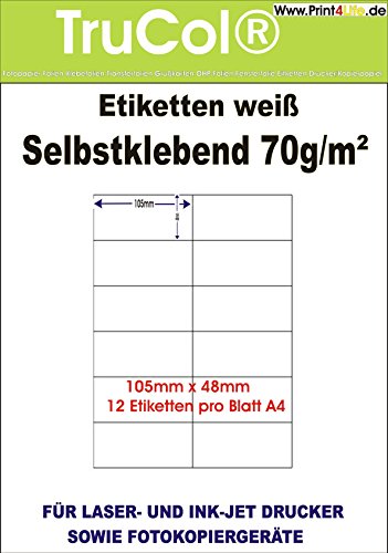 12.000 Universal Etiketten 105x48mm Aufkleber Ordneraufkleber Büro Label Adressetiketten Internetmarke weiß DIN A4 – 1000 Blatt Bigpack - Universell für Laser/Inkjet/Kopierer einsetzbar von trucol