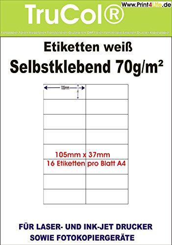 1600 Etiketten 105x37mm selbstklebend, 16 Stück auf einem Blatt A4-insgesamt 100Blatt, Allround-Qualität Weiss Universal-Etiketten Papier weiß von trucol