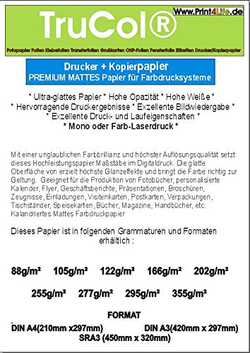 250x 105g /m² DIN A3 MATT Weisses holzfreies Kopier Papier für Farbdrucksysteme Kopierer Laser Copy Inkjet Tintenstrahldrucker Farblaser Laserdrucker von trucol