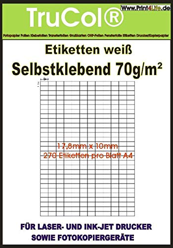 270.000 Universal Etiketten 17,8x10mm Aufkleber Ordneraufkleber Büro Label Adressetiketten Internetmarke weiß DIN A4 – 1000 Blatt A4 Bigpack - Universell für Laser/Inkjet/Kopierer einsetzbar von trucol