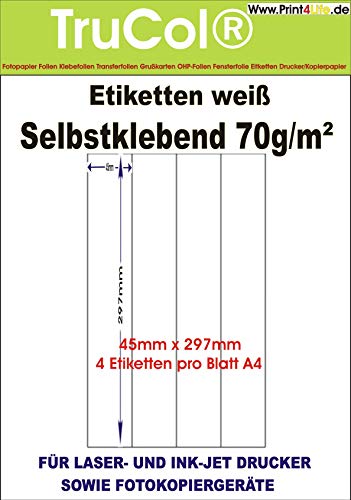 400 Universal Qualitäts Etiketten 45 x 297 mm selbstklebend weiß bedruckbar - 100 DIN A4 Bogen à 1x4 45.0x297.0 Labels von trucol