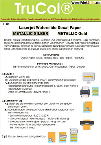 5 Blatt Wasserschiebefolie Decal Papier Transfer Folie DIN A4 Silber für Laserdrucker Kopierer Silberne Folie wasserabschiebefolie Transferfolie Transferpapier von trucol