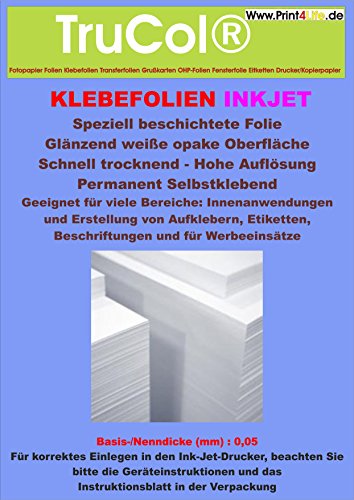 5x A4 Klebefolie WEIß (Glänzend)! Speziell beschichtete - permanent selbstklebend auf den meisten sauberen Oberflächen zur Erstellung von Aufklebern, Etiketten, Beschriftungen, Werbeeinsätze nur für Tintenstrahldrucker von trucol