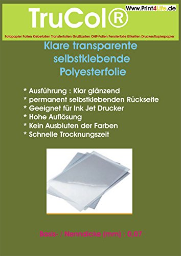 5x A4 Klebefolie klar transparent ! Speziell beschichtete - permanent selbstklebend auf den meisten sauberen Oberflächen zur Erstellung von Aufklebern, Etiketten, Beschriftungen, Werbeeinsätze nur für Tintenstrahldrucker von trucol