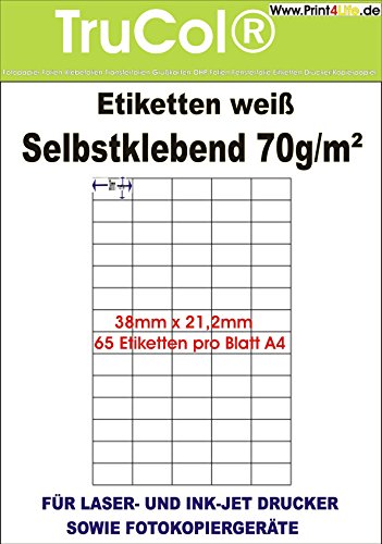 65.000 Universal Etiketten 38x21,2mm Aufkleber Ordneraufkleber Büro Label Adressetiketten Internetmarke weiß DIN A4 – 1000 Blatt A4 Bigpack - Universell für Laser/Inkjet/Kopierer einsetzbar von trucol