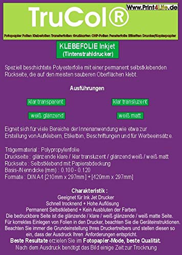 Inkjet Klebefolie 25 x DIN A4 transparent glänzend, klar - Glasklar - Druckerfolie zum Bedrucken mit Tinte von trucol