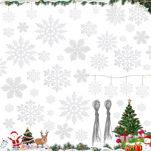 truee 30 Stück Weiß Schneeflocken Deko, Schneeflocke Deko Weihnachtsbaumschmuck, Schneeflocken zum Aufhängen, Glitter Schneeflocken, zum Dekorieren von Weihnachtsbäumen und Fenster, mit Schnur(7,5cm) von truee