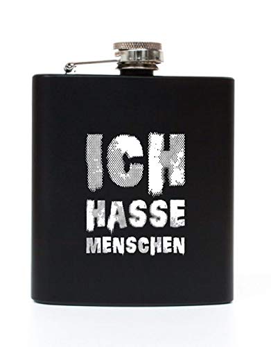 Flachmann Ich hasse Menschen Flachmann schwarz mit Spruch 200 ml Vatertag von tshirtladen