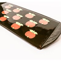 Brown & Orange Tray With 70S Apple Pattern - Vintage Rectangular Serving Platter Cute Apples Ceramic Design 80S von tsiarde