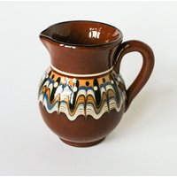 Bulgarian Peacock Design - Small Vase Or Milk Jug Brown Orange White Blue Black Vintage 60S 70S Style von tsiarde