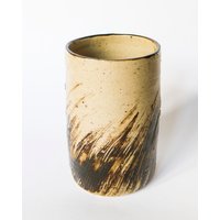 Handmade Small Vase in Mug Shape - Vintage Ceramic Pottery Beige & Brown Colours Scratch Pattern Weeds Grass 70S 80S von tsiarde