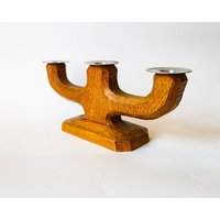 Rustic Wooden Candle Holder With Three Arms - Vintage Handcarved German Design 60S 70S Chisel Relief Pattern von tsiarde