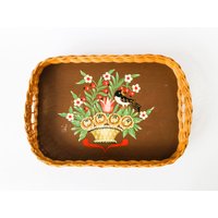 Vintage Basket Tray Wood Hand Painted With Bird Eating Berries - Beautiful Rustic Flower Pattern Peasant Art Romantic Summer Garden 60S von tsiarde