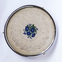 Vintage Rotating Cake Platter - Folkloristic Embroidery Under Glass With Flower Pattern Blue & White Grandmother's Design Stand von tsiarde