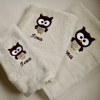 Personalisiertes Handtuch Eule, Creme-Braun, Kinderhandtuch Mit Namen, Badetuch, Strandtuch, Saunatuch, Geschenk, Kind, Erwachsene von tuetatue