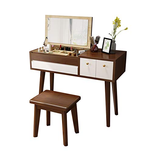 Moderner Schminktisch mit Spiegel, Schubladen, Hocker aus Kiefernholz, für Schlafzimmer, Schminktisch-Set (Farbe: Walnuss, Größe: 1 m lang, 1,2 m) von tughjnbmdfslkeefj