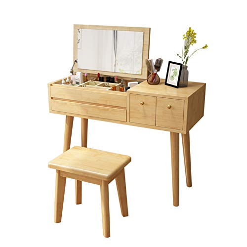 Moderner Schminktisch mit Spiegel, Schubladen, Hocker aus Kiefernholz, für Schlafzimmer, Schminktisch-Set (Farbe: Walnuss, Größe: 1 m lang, 1 m) von tughjnbmdfslkeefj