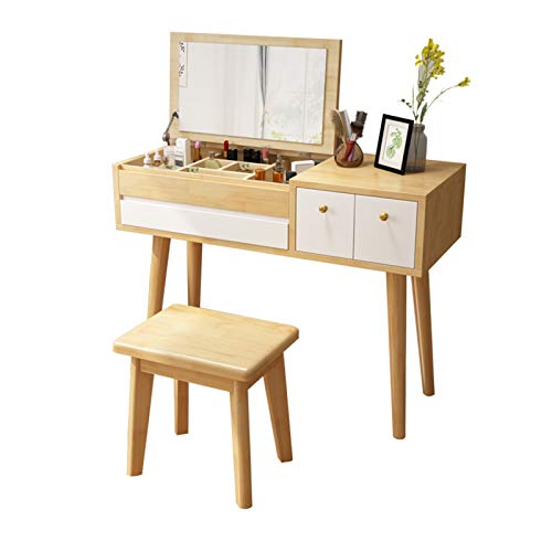 Moderner Schminktisch mit Spiegel, Schubladen, Hocker aus Kiefernholz, für Schlafzimmer, Schminktisch-Set (Farbe: Walnuss, Größe: 1 m lang, 1 m) von tughjnbmdfslkeefj