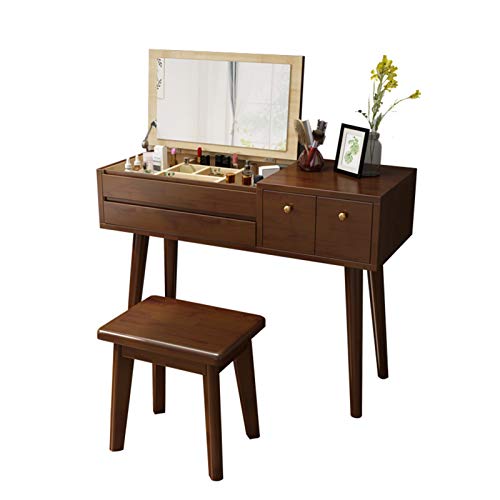 Moderner Schminktisch mit Spiegel, Schubladen, Hocker aus Kiefernholz, für Schlafzimmer, Schminktisch-Set (Farbe: Walnuss, Größe: 1 m lang, Walnussholz, Länge 1 m) von tughjnbmdfslkeefj