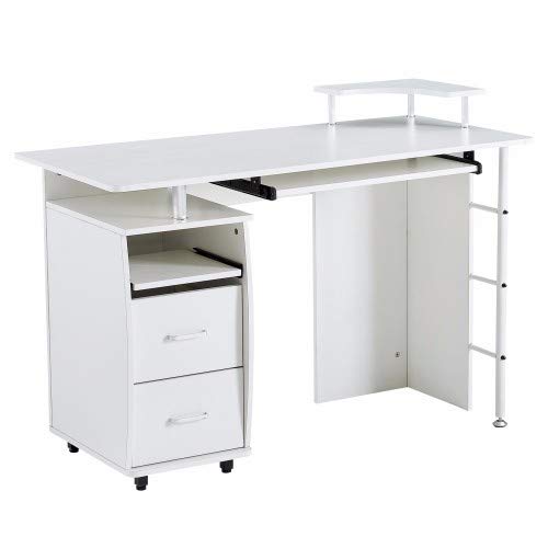 Schreibtischschreibtisch, Massivholz, Computertisch, Bürotisch mit PC-Roller, Ablagen und Aktenschrank, zwei Schubladen, CPU-Tablett, ein Regal zum Bepflanzen, Einzelbett, Weiß von tughjnbmdfslkeefj