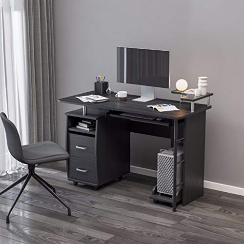 deskOffice Computertisch aus massivem Holz, Bürotisch mit PC-Roller, Ablagen und Aktenschrank, zwei Schubladen, CPU-Tablett, ein Regal zum Bepflanzen, Einzelbett, Schwarz von tughjnbmdfslkeefj