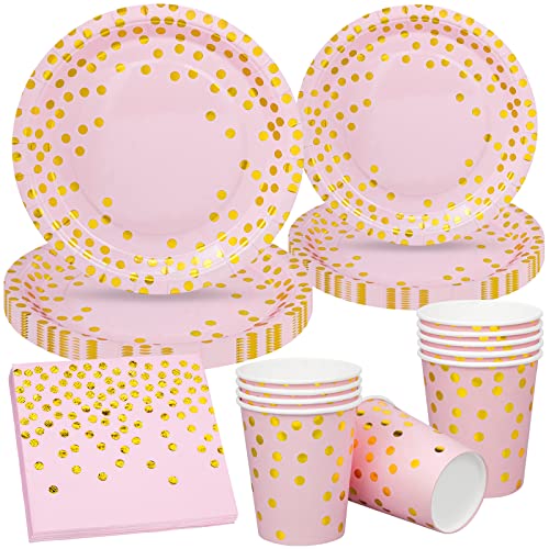 TULEBOLIAN 40 Stück Pink & Gold Partygeschirr Partyzubehör Partygeschirr Goldpunkte Pappteller Tassen Servietten für Hochzeiten, Jubiläen, Geburtstage und andere Feiern, für 10 Gäste von TULEBOLIAN