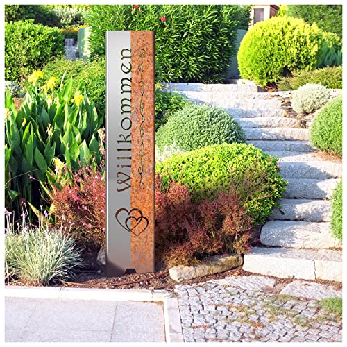 tuning-art EW100 Gartenstecker Gartenschild Willkommen | Edelrost Garten Deko | Abkantung | 120cm x 21cm, Motiv:Traditionell von tuning-art