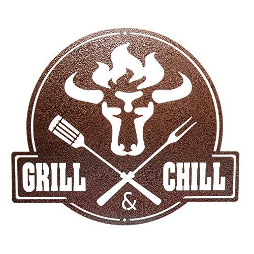 tuning-art GC02 Grill Schild | Bulle + Grill & Chill Gartenschild | Stahl Massiv | Bronze von tuning-art