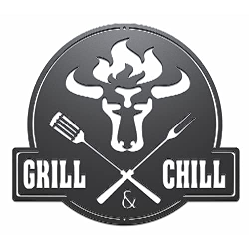 tuning-art GC02 Grill Schild | Bulle + Grill & Chill Gartenschild | Stahl Massiv | Schwarz von tuning-art