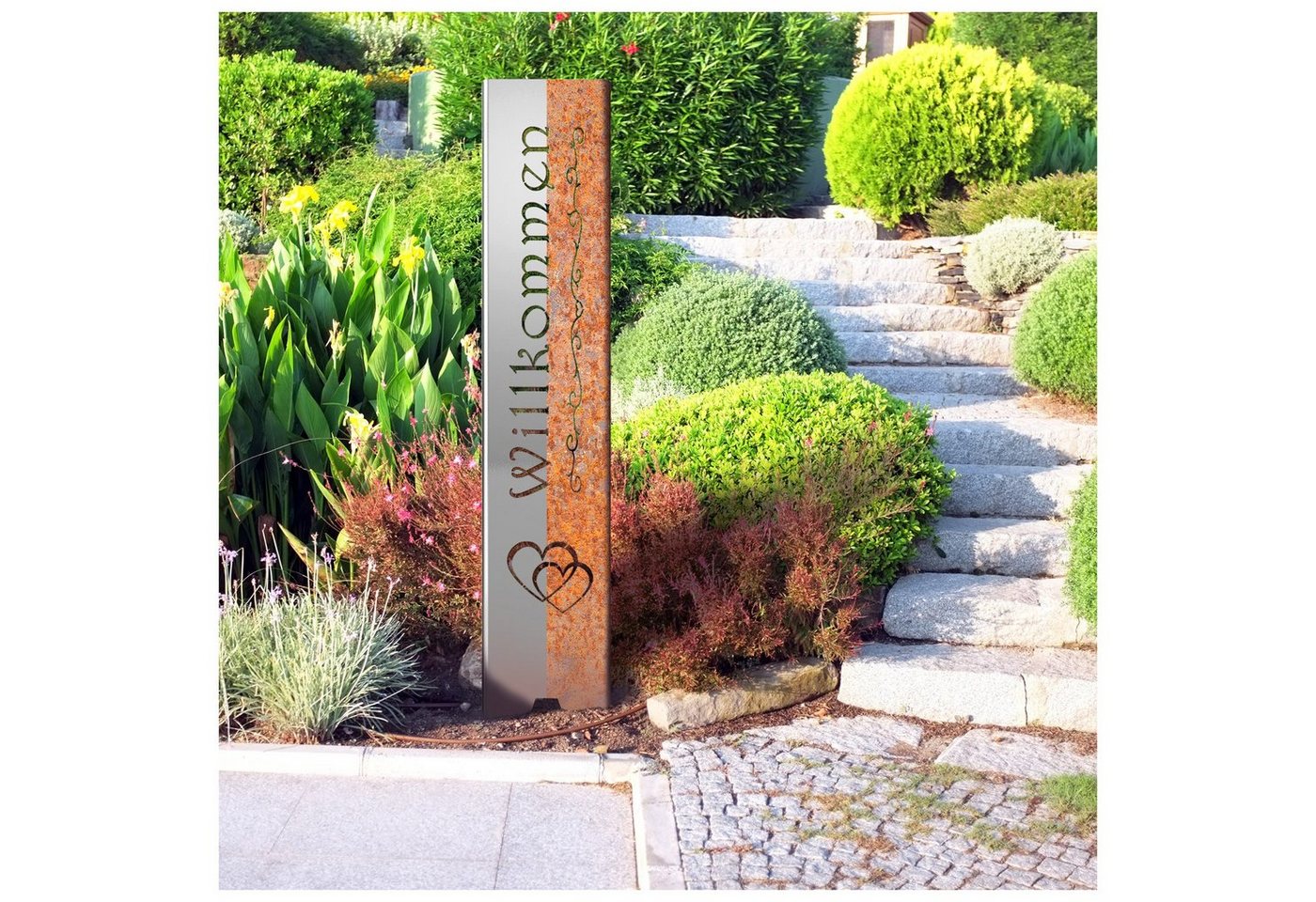 tuning-art Gartenstecker EW100-TR-E Gartenstecker Gartenschild Willkommen Edelrost 120cm x 21cm von tuning-art