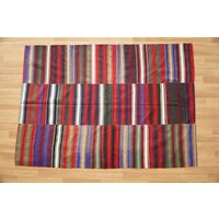 Gestreifter Kelim Teppich, Handgefertigter Webteppich, Boho Antiker Wohnzimmerteppich, Wollteppich, 160x220 cm, Gr 2841 von turkishruggram