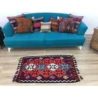 Ethno Teppich, Vintage Kelim Boho Gewebter Wollteppich, Wanddekoration, Azteken 2, 6 X 4, 2 Ft, Rk 10671 von turkishrugkingdom