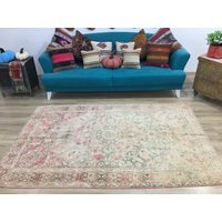 Wohnzimmer Teppich, Oushak Vintage Bereich Wollteppich, Handgemachter Antiker Schlafzimmer Azteken 4, 7 X 7, 4 Ft, Rk 10359 von turkishrugkingdom