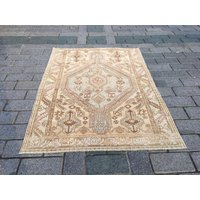 Blauer Oushak Teppich, Ausgeblichener Handgemachter 4'3x5'7 Ft., Küchenteppich, Mittlerer Bereich Vintage Badezimmer Niedriger Flor Teppich von turkishrugwholesaler