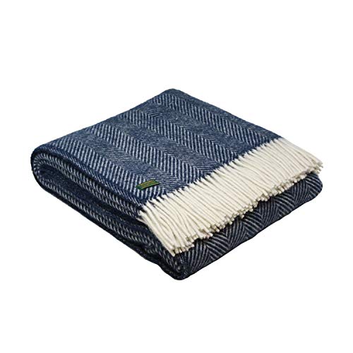 Tweedmill Textiles, Überwurf im Fischgrät-Design, 100 % reine Schurwolle, Größe 150 x 183 cm, Wolle, navy, Large von tweedmill