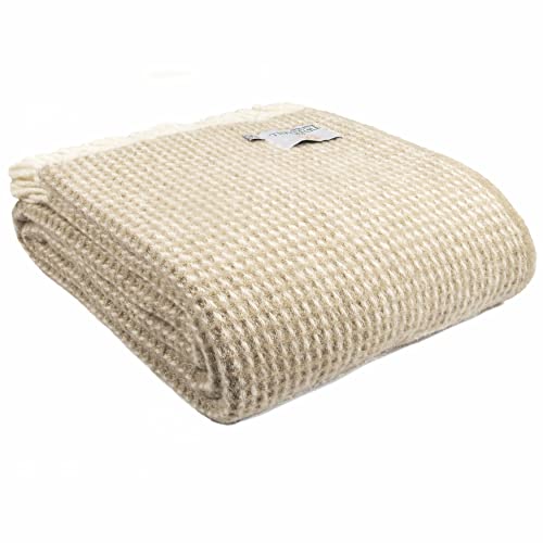 Tweedmill Textiles Überwurf, extra groß, 100 % reine Schurwolle, Waffelmuster, Kingsize, Haferbeige und cremefarben von tweedmill