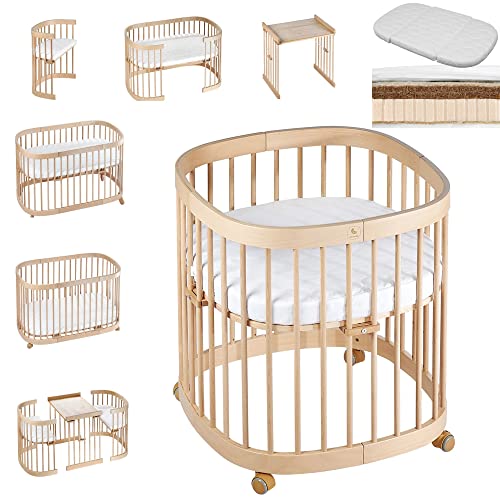 tweeto® Babybett Kinderbett 7-in-1 (Plus) | bis zu 10 Funktionen | inkl. KOKOS-Latex Matratze (Buche Natur) von tweeto