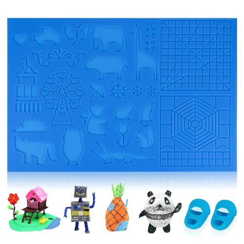 3D Stifte Silikon Matte, 3D Stift Vorlage Große Matte 41.5 * 27.5cm mit 2 Fingerlinge, 3D Stift Unterlage mit Tiermuster vorlagen für Kind, Anfänger und 3D-Stiftkünstler (Blau) von twirush