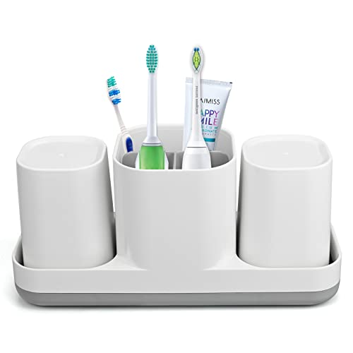 Zahnbürstenhalter mit Bechern Set, Multifunktionaler elektrischer Zahnbürstenhalter, Zahnbürstenhalter ​Zahnpasta-Rasierer Ständer für Badezimmer Arbeitsplatte 3 Fächer Aufbewahrungsbox (Weiß) von twirush
