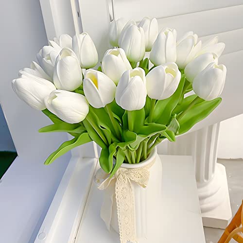 twirush 15 Stück Künstliche Tulpen, Real-Touch Latex Tulpe Blumen Gefälschte Tulpenstrauß 33cm mit weichem PU-Stiel für Home Room Hochzeitsstrauß Party Blumengesteck(Weiß) von twirush