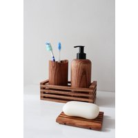 Holz Badezimmer Zubehör Set, Seifenspender Aus Holz, Zahnbürstenhalter, Seifenschale von twonee