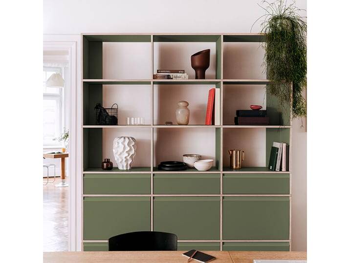 Regalsystem in Moosgrün mit Schubladen, 183 cm x 223 cm x 32 cm, Vollständig anpassbar von Tylko von tylko